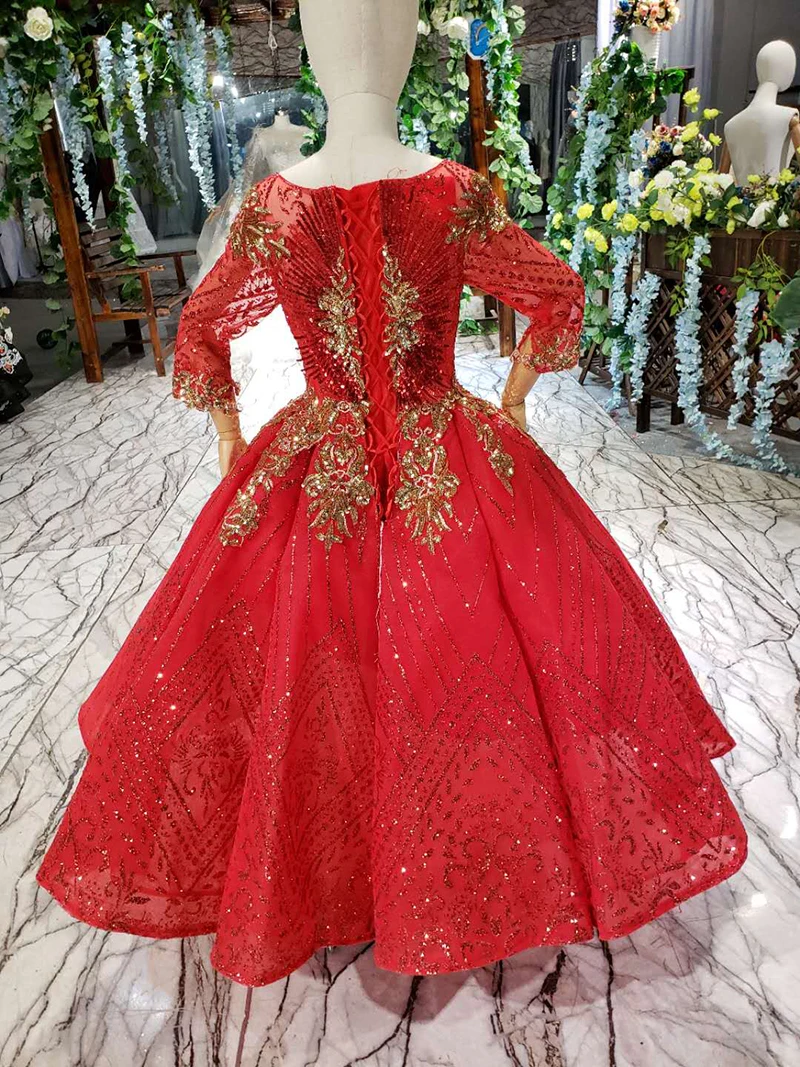 LSS525t красное платье с цветочным узором для девочек с круглым вырезом три четверти бальное платье с рукавами Святое Причастие винтажные платья vestidos de primera comunion