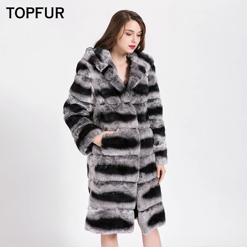 TOPFUR New Arrival Top Quality Genuine Rex Rabbit Fur Coat For Women With Fur Hood Natural Real Rex Rabbit Fur Coat 1751