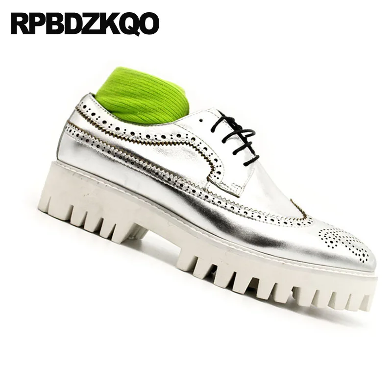 Creepers Men Oxfords Shoes Handmade Genuine Leather Casual Spring High Quality Brogue Luxury Big Size Silver Lace Up Wingtip | Обувь