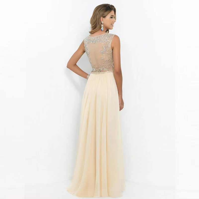 2016 New Style Chiffon Beading Transparent Back A-Line Elegant Ivory Pink Long Evening Dresses Vestido De Festa Party | Свадьбы и