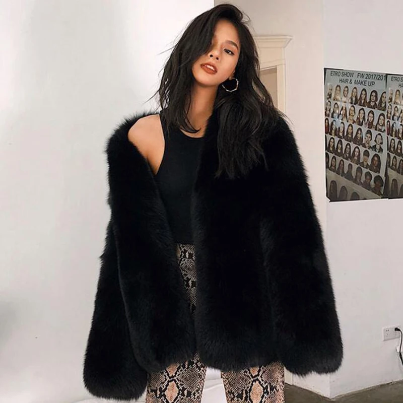 Maylofuer Real Black Fox Fur Coat Fashion Long Sleeves V-neck Genuine Women Warm Jacket Female Ladies Overcoat | Женская одежда