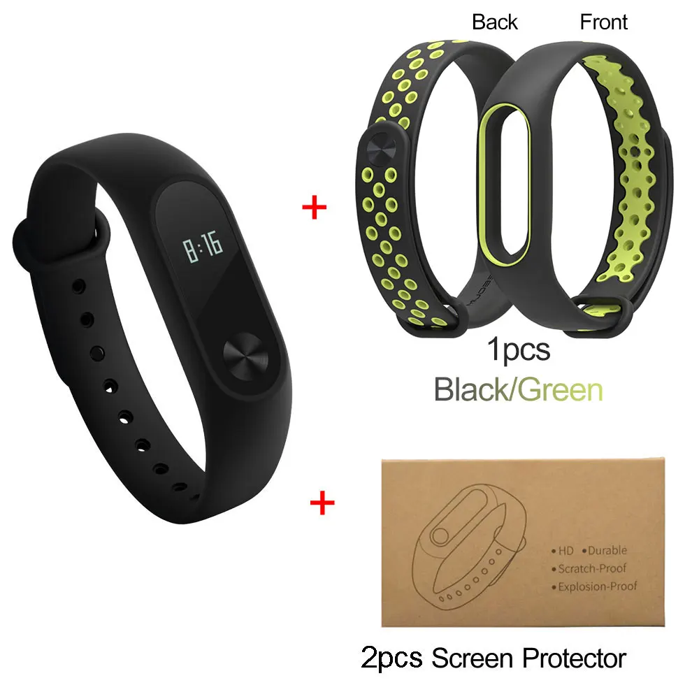 Black-Green add-film Сяо Mi mi Группа 2 Mi band 2 Смарт монитор сердечного ритма браслет для Android IOS браслет SmartBand Touchpad экран OLED - Цвет: Black-Green add-film