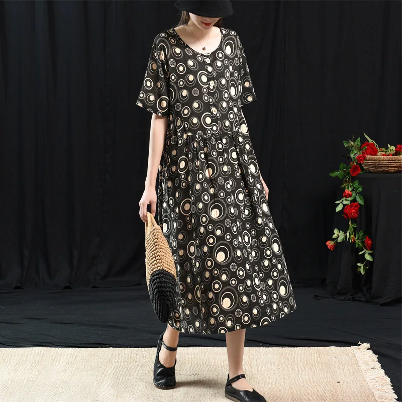 BUYKUD винтажное женское Макси платье в горошек с круглым воротником коротким