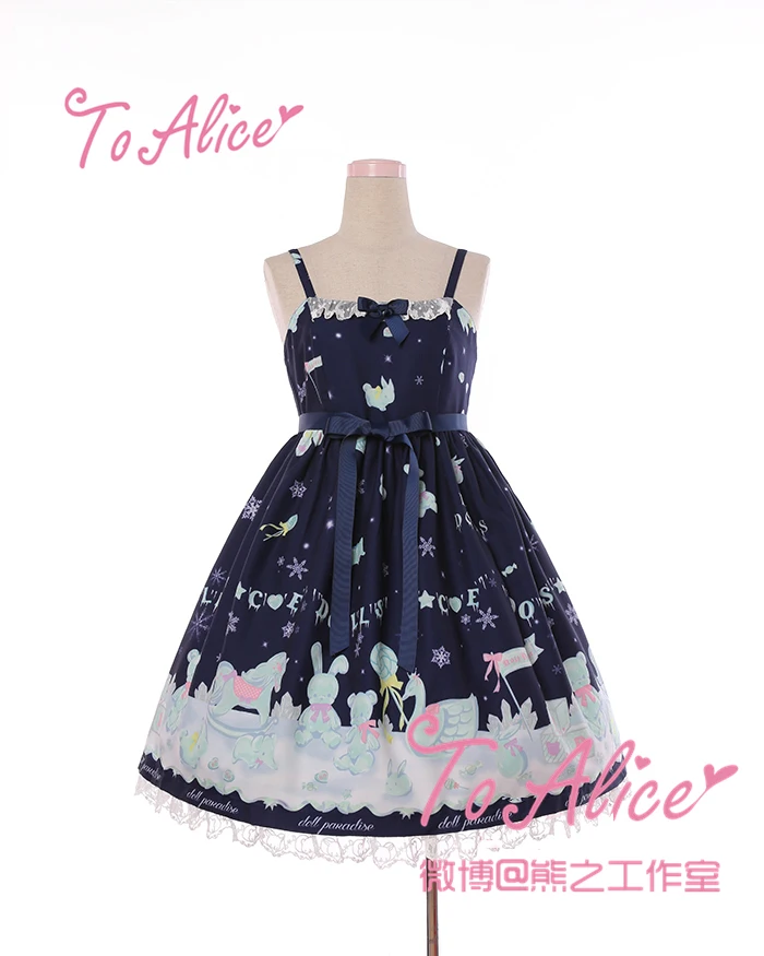 Cute Ice Doll Snowflake JSK Lolita Dress Fairy Kei Sleeveless Sashes Bear Lace Trim Bows Fancy Dolly Dress Navy Blue & Sky Blue images - 6