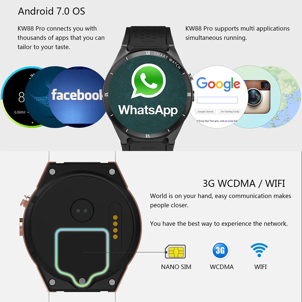 KW88 Pro 3g Смарт часы телефон Android 7 0 четырехъядерный 1. Hz 1 ГБ 16 Bluetooth 4 gps носимые