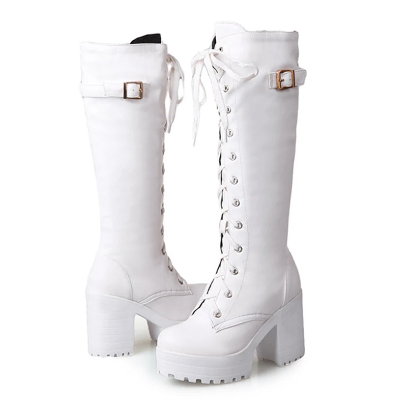 White with fur ENMAYER/зимние сапоги на высоком каблуке с круглым носком женские сапоги до колена для верховой езды, размеры 34-43 обувь на платформе белые туфли с перекрестной шнуровкой - Цвет: White with fur