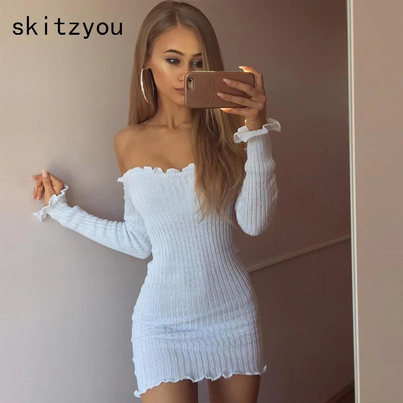 Skitzyou женское осеннее сексуальное платье с длинным рукавом вырезом лодочкой