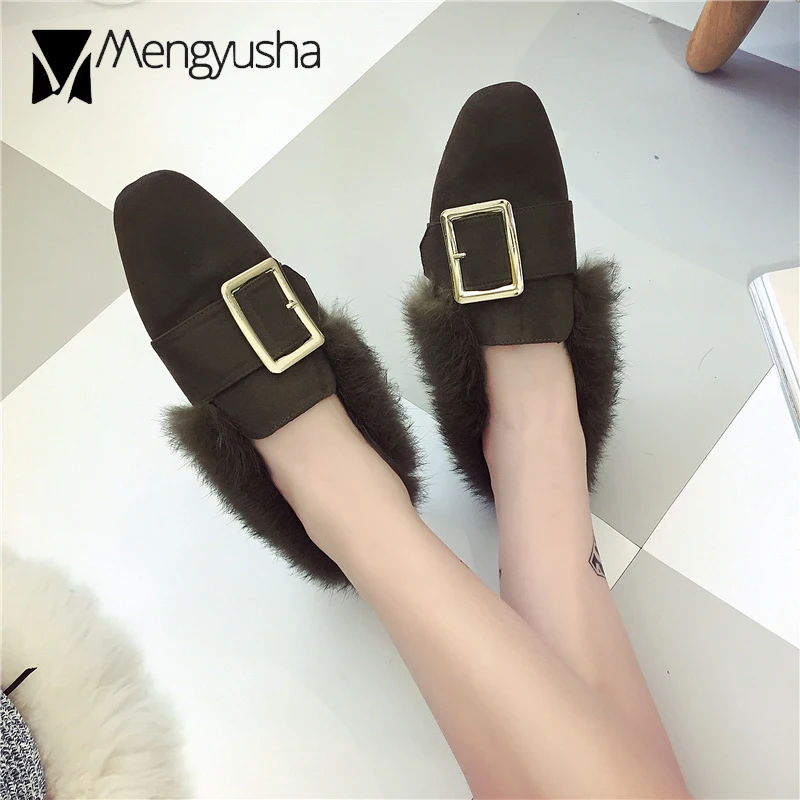 Эспадрильи женские пушистые Мокасины с пряжкой на плоской подошве меховые туфли