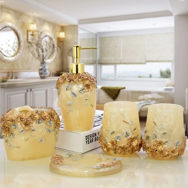 

Eco handmade natural shell luxury five pcs/ kit Soap Dispenser/Toothbrush Toothpaste Holder/ resin bathroom set