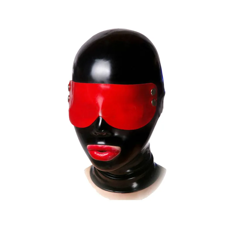 

100% Latex Rubber Women Maske Removable Red Eye Patch Black Mask Size XXS-XXL