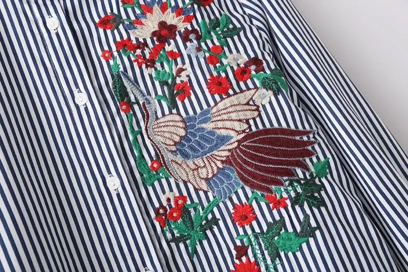 Woman Embroidery Blouse Striped Shirt Cotton Stand Collar Long Sleeve Floral Bird Tops Camisa Feminina |