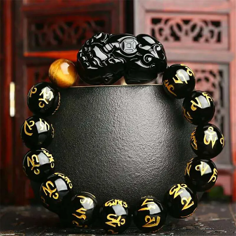 Precious Natural Black Obsidian Bracelet Woman Men Stretch Gold Six Word Pi Xiu Shape Power Round Bead 14mm 16m 18mm | Украшения и