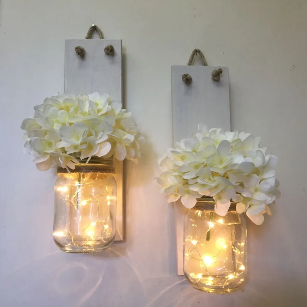 White Wood Wall Sconce Hanging Wall Candle Holders Set of 2, Mason Jar Wall Sconce Rustic Home Decor Mother Gift
