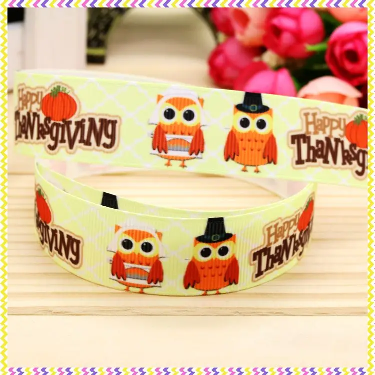 

7/8inch Free Shipping Thanksgiving Owl Printed Grosgrain Ribbon Hairbow Headwear Party Decoration Diy Wholesale Craft 22mm P4821