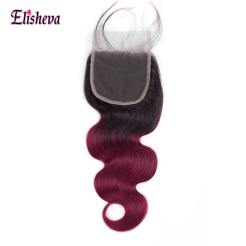Elisheva темные корни Ombre красный человеческих волос Связки с кружевом Закрытие 1B/Бурганды Бразильский объемная волна Ombre Связки с застежка