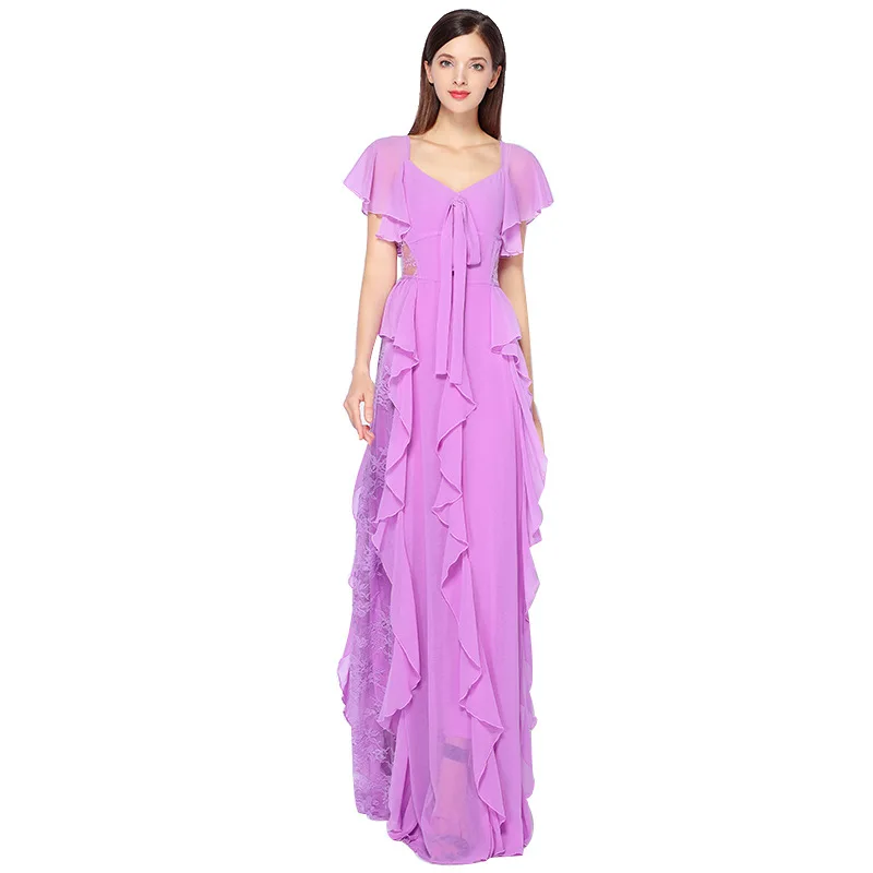 Formal Party Evening Women Long Dresses 2018 Summer Lady Sexy Backless Hollow Out Lace Patchwork Purple Blue Maxi Dress |