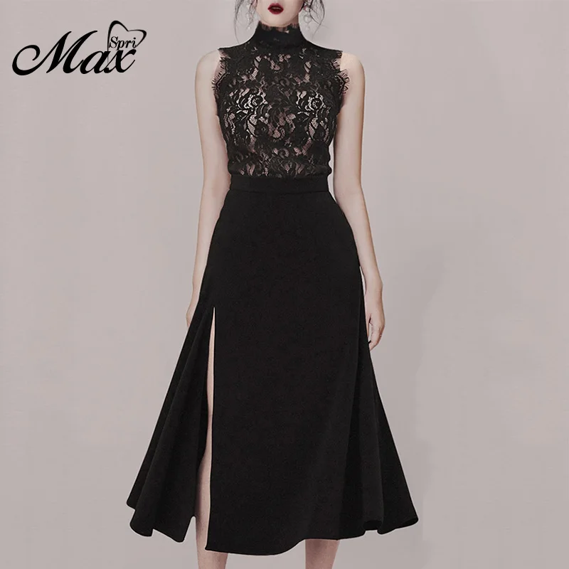 Max Spri 2019 New Style Women Sets O-neck Floral Lace Sleeveless Top Side Slit High Waist Midi Skirt |