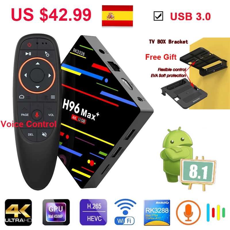 2019 H96 MAX Plus Android 8 1 ТВ приставка Голосовое управление смарт Rockchip RK3328 4G 32G USB3.0 H.265 4K