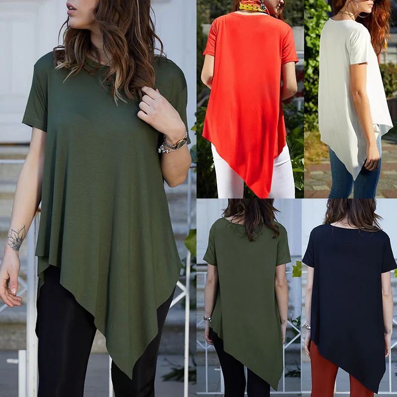 

Women Short Sleeve T-Shirts 2019 Womens European Fashion Irregular Solid Tops Shirts Ladies Casual Simple Shirts Summer Women