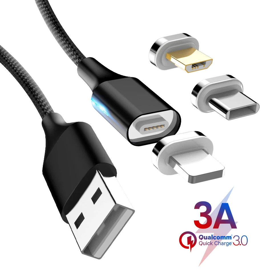 3A Магнитный кабель Micro Тип usb C кабель для быстрой зарядки и передачи данных для iPhone SAMSUNG S10+ S9 XIAOMI Mi9 QC3.0 светодиодный магнит Зарядное устройство провода