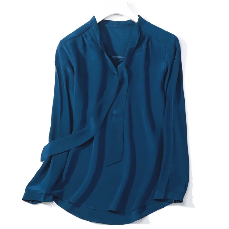 navy blue Натуральный шелк блузки OL бежевый длинный рукав натуральный шелк галстук-бабочка Блузка Топы для женщин офисная одежда рубашки рабочие блузки - Цвет: navy blue