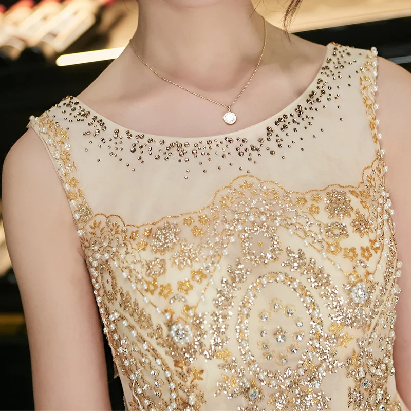 

E JUE SHUNG Champagne and Gold Lace Appliques Beaded Evening Dresses Long Sheer Cheap Prom Dresses