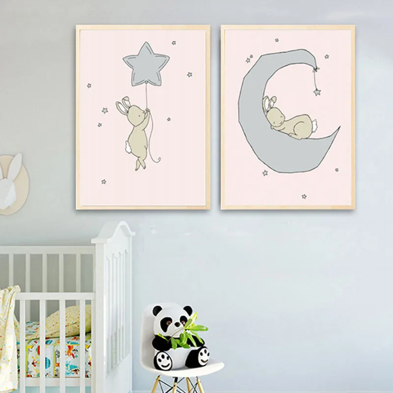 Pink and Gray Poster Bunny Nursery Art Prints Canvas Painting Girls Bedroom Decorative Pictures Kids Wall Decor | Дом и сад