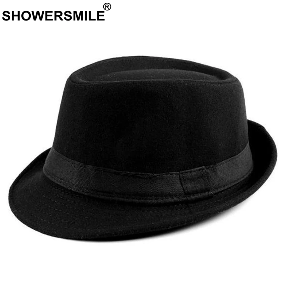 SHOWERSMILE бордовая фетровая шляпа, Мужская винтажная шерстяная джазовая шляпа, Женская Повседневная Классическая Осенняя Кепка и шляпа в британском стиле, нежная Мужская Новинка - Color: Black Fedora Hat