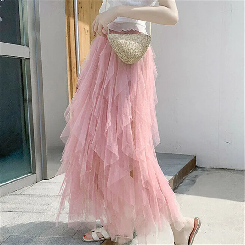 

Mesh skirt 2019 summer women lady Sweet Fashion High Waist Long Tulle Skirt Irregular multi-layer fluffy ruffled Vintage Holiday