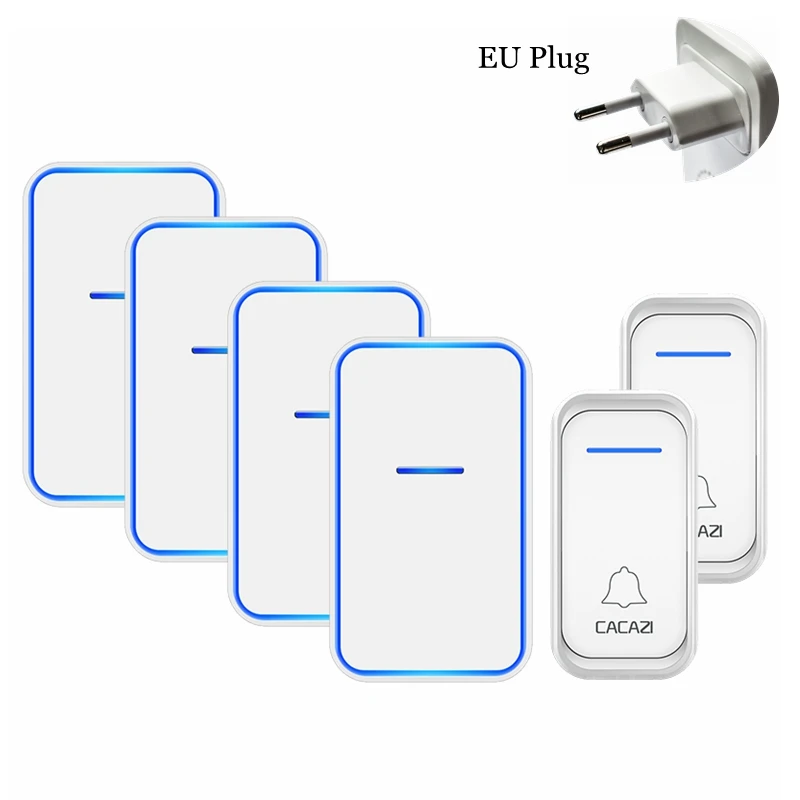 white 2x4 EU CACAZI Smart Wireless Doorbell Waterproof 2 Button 4 Receiver US EU UK AU Plug LED Light Home Welcome Door Bell Calling Chime - Цвет: white 2x4 EU