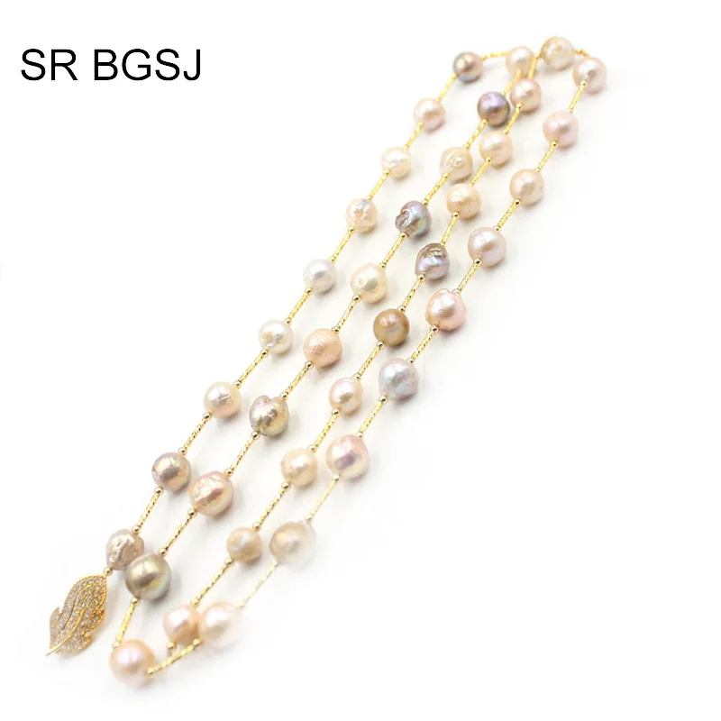 Free Shipping Women Jewelry Freeform Lavender Edsion FW Pearl Beads Brass Drop Leaf Rope Sweater Necklace 9-10mm 36&quot |