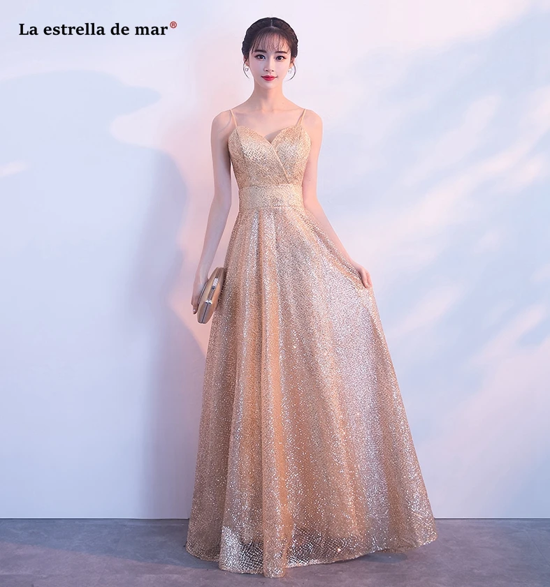 Vestido boda mujer, Новое сексуальное ТРАПЕЦИЕВИДНОЕ ПЛАТЬЕ подружки невесты с v-образным вырезом и бретельками цвета шампанского, золотого цвета, длинное vestido boda mujer invitada