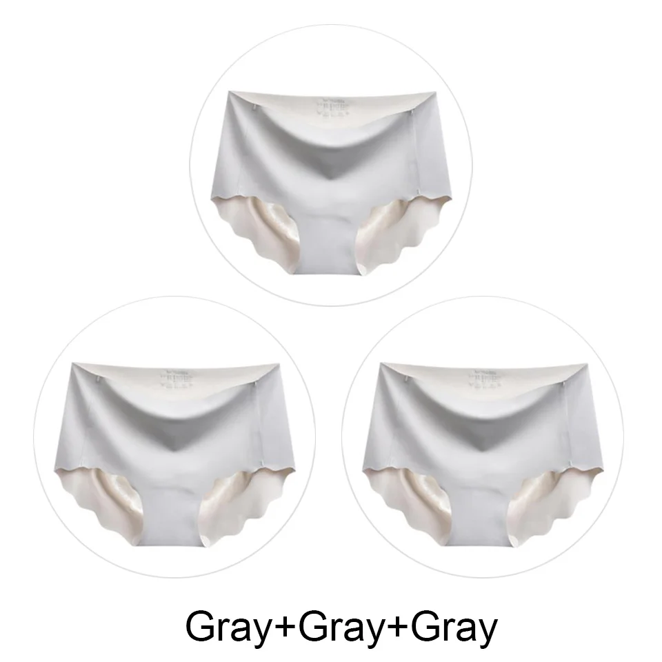Gray-Gray-Gray 3 шт. бесшовные трусы, нижнее белье для женщин, сексуальные трусики, одноцветные мягкие трусики для женщин, предотвращающие прилипание к прямой области, Lce шелковые трусики - Цвет: Gray-Gray-Gray