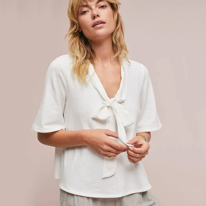 HDY HaoDuoYi Fashion Women T-shirt Solid White Lace-up Neck Short Sleeve Shirt Casual V Top Ladies Loose T-shirts | Женская одежда
