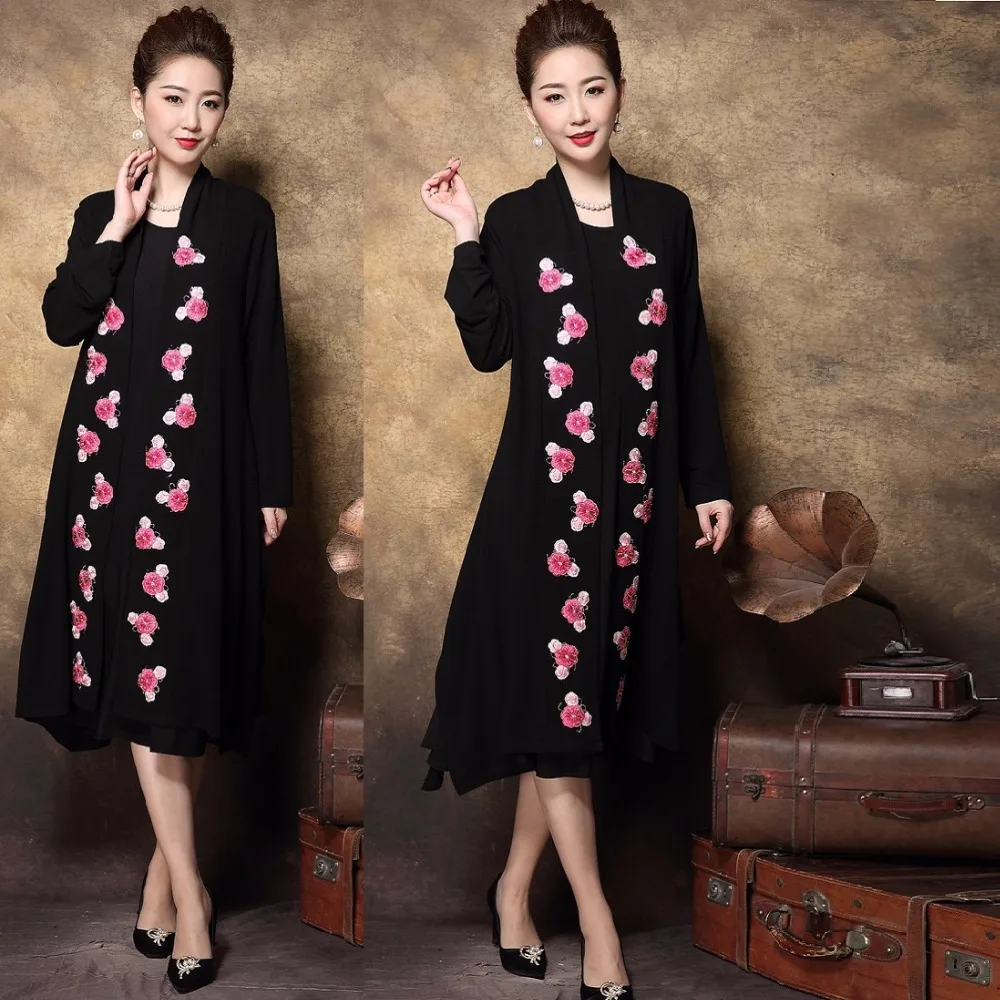 

2018China style middle age women elegant twinset embroidery dress Spring knitted party dress high end vestidos Plus size L-XXXXL