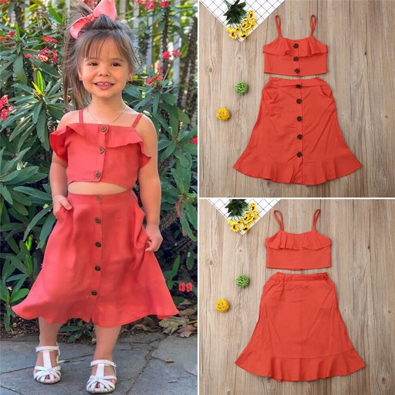 Casual Kids Baby Girls Sets Solid 2Pcs Button Sling Vest Crop Tops+Ruffled Skirts Summer Cotton Clothes Outfits 1-6Y | Детская одежда и