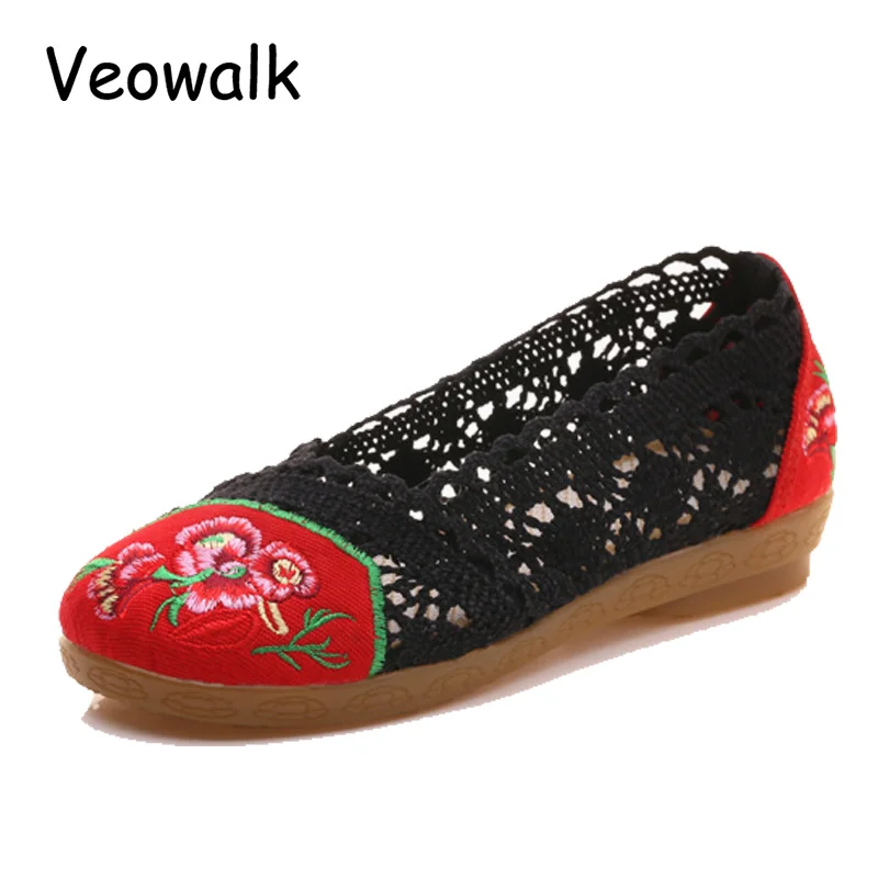 Veowalk/дышащие женские летние балетки с цветочной вышивкой на плоской подошве