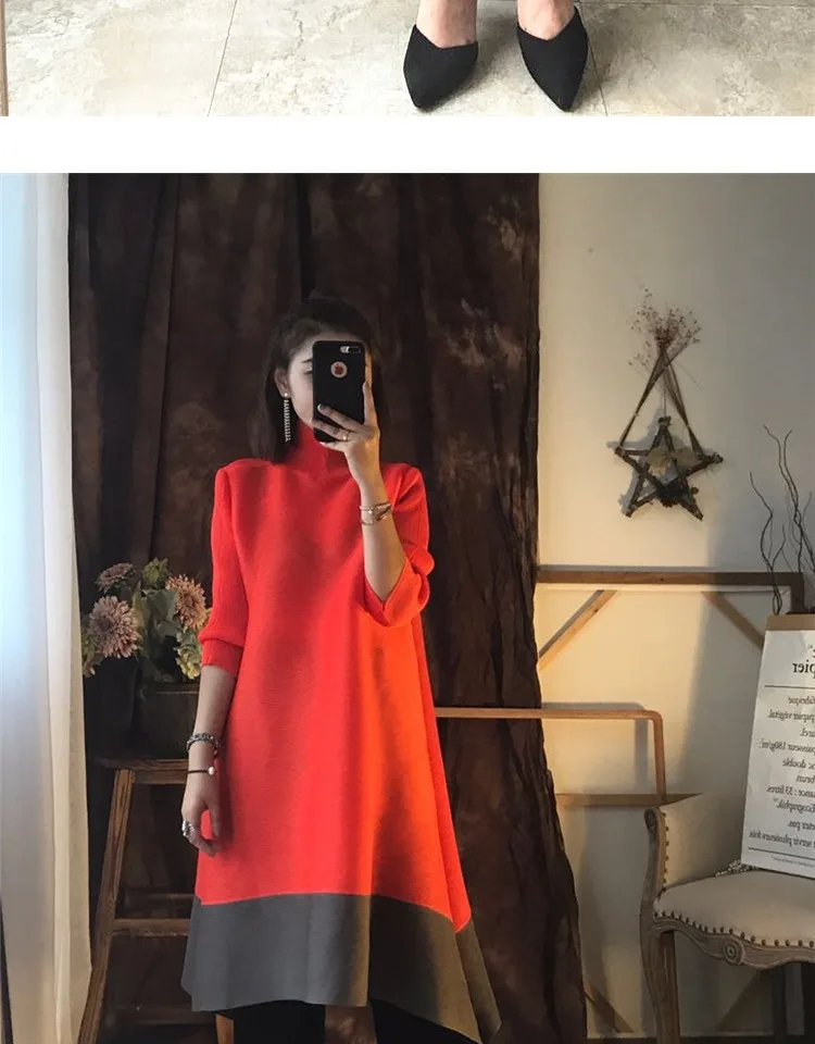 Changpleat, весеннее Новое Женское платье Miyak, плиссированное, модное, водолазка, свободный, большой размер, Сращивание, а-силуэт, женские платья, D9876