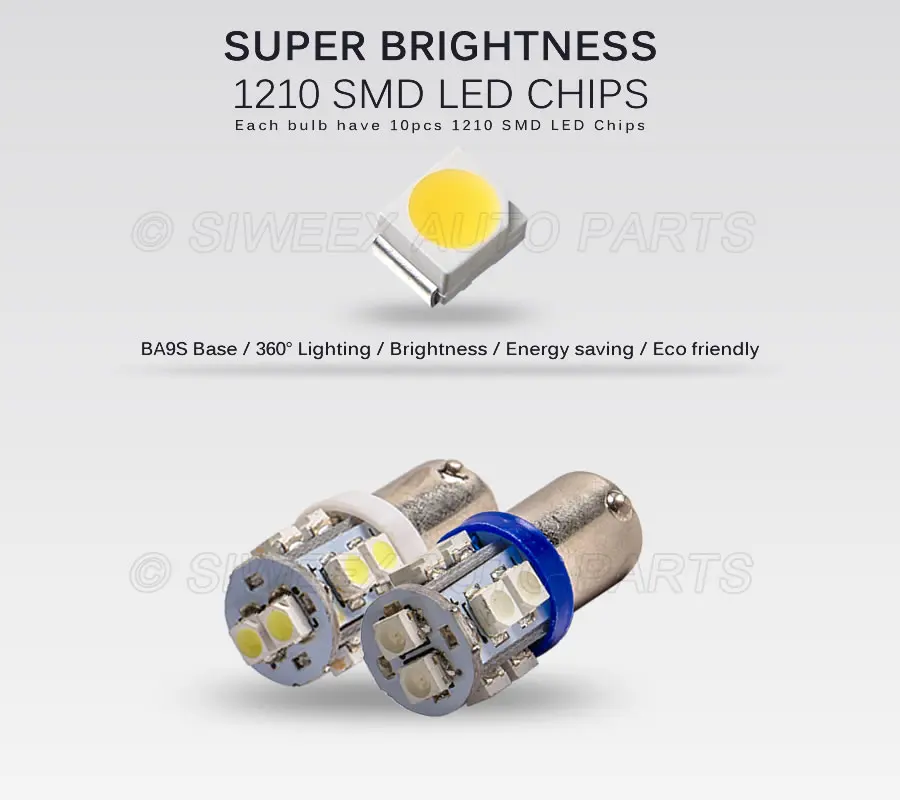 4X T4W BA9S 10 SMD 1210 чип Светодиодные Автомобильные огни Купол гирлянда лампа приборная