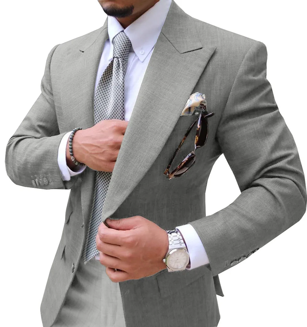 silver grey Мужские костюмы Slim Fit из двух частей шампанского деловой пиджак жениха смокинг Блейзер зеленые костюмы для свадьбы выпускного вечера(Блейзер+ брюки - Цвет: silver grey