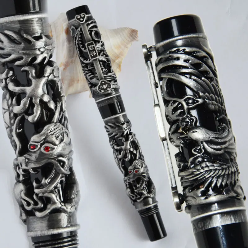 Авторучка NOBLE JINHAO антикварная серебряная и черная Дракон Феникс 18KGP изящный