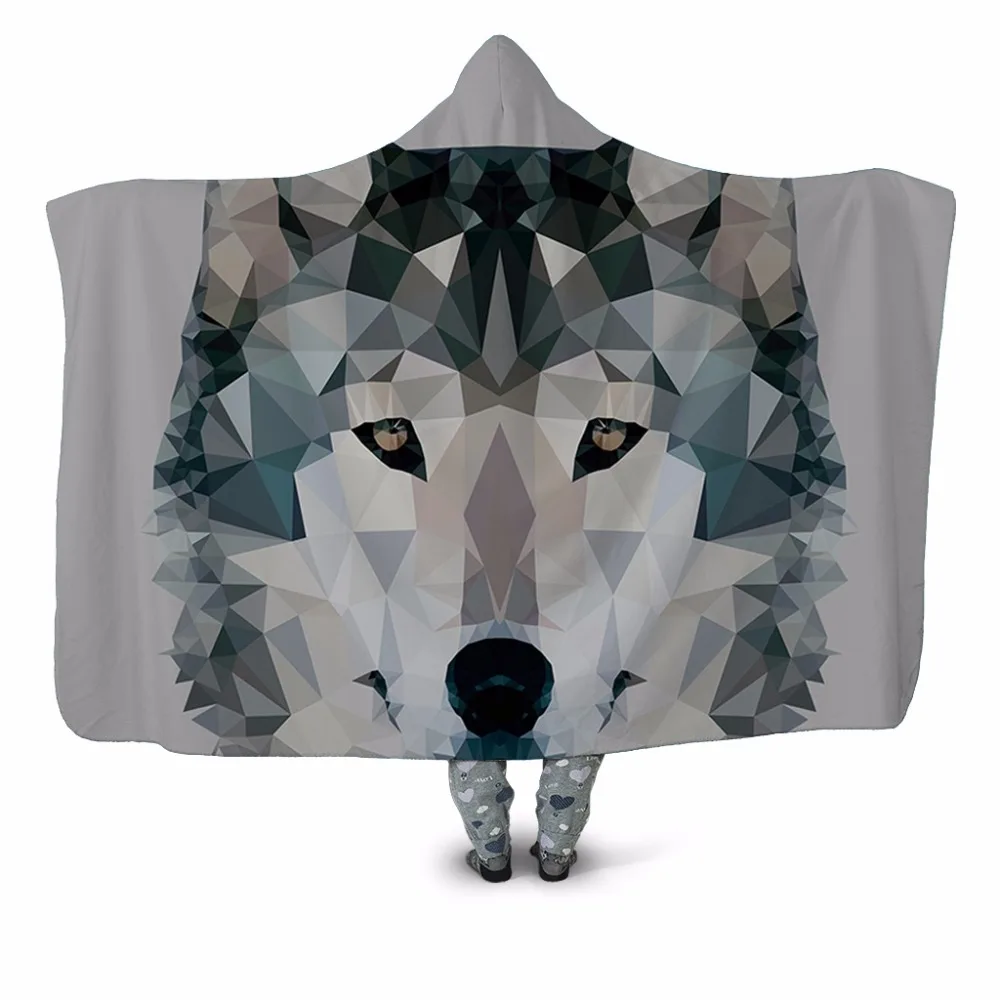 

Geometric Wolf 3D Print Plush Hooded Blanket for Adults Children Youth Warm Wearable Fleece Throw Blanket Home Office Washable