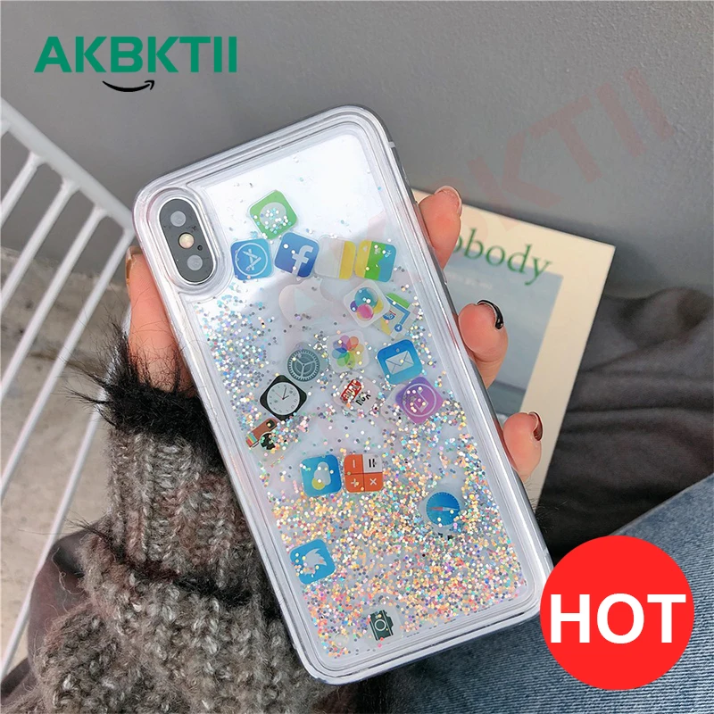 AKBKTII чехол для iPhone 7 динамический Блестящий песок милое приложение Прозрачный X XS