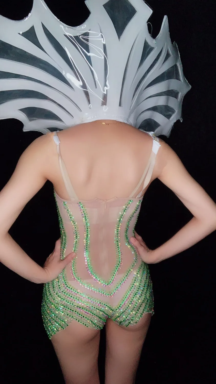 Women New Sexy See-through Green Shining Rhinestones Bodysuit Leotard Nightclub Female Singer Costume Model Catwalk Stage Wear
