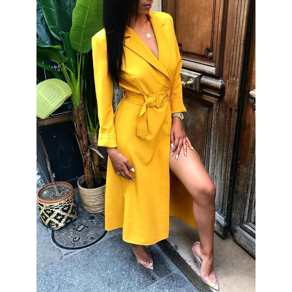 Сексуальное платье с поясом и разрезом летнее 2019 желтое длинным рукавом