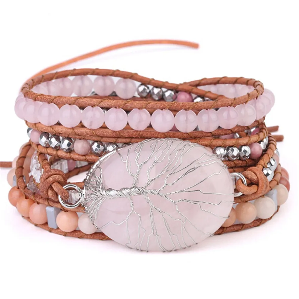 

Handmade Tree of Life Charm Women Jewelry Natural Pink Crystal & Serpenggiante Beaded Bracelet Leather Braided Gem Wrap Bracelet