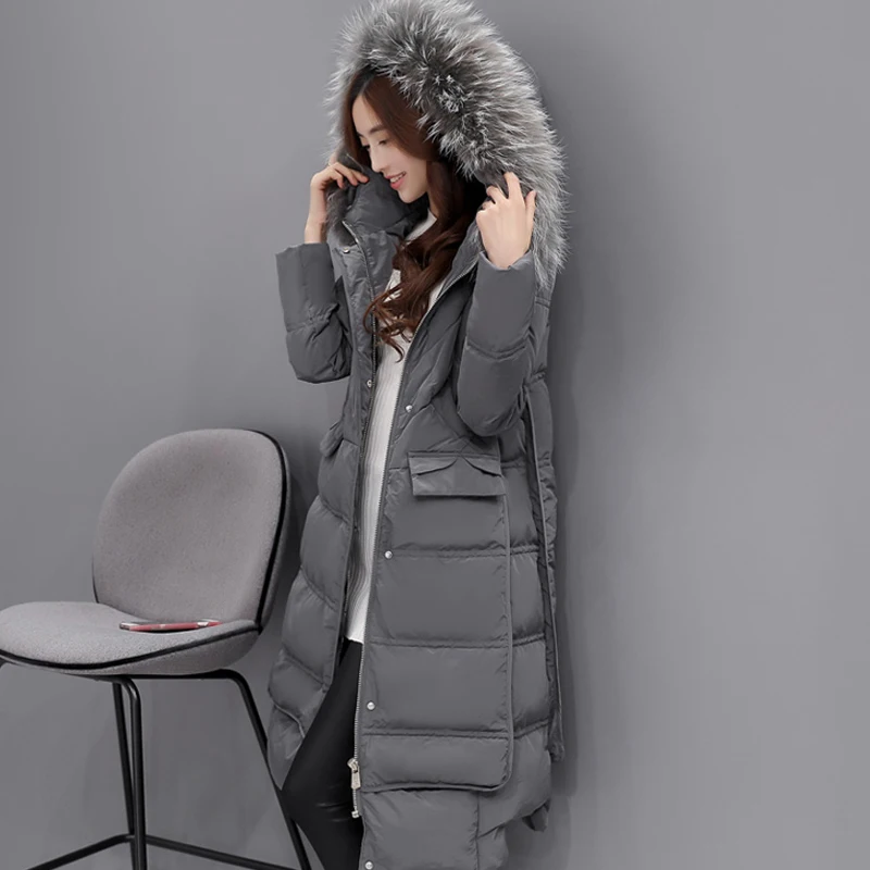 AYUNSUE Women Down Coat Large Fur Collar Parkas Winter Jacket 80% White Duck Coats Hooded Knee Long Snow ST279 | Женская одежда