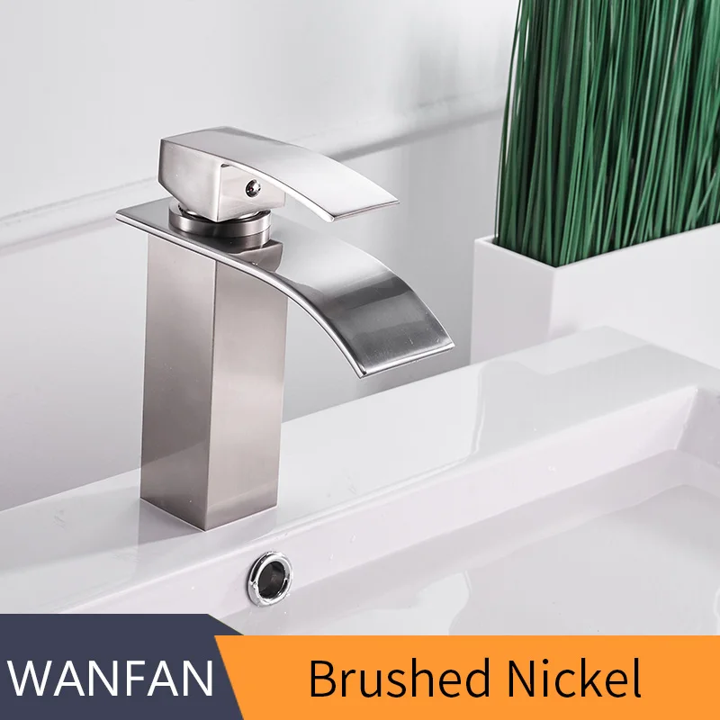 Nickel brushed Смеситель для раковины из латуни со сказочным золотым элегантным водопад Ванная комната раковина кран Однорычажный отверстие для большой площади носик смесители LT-503B - Цвет: Nickel brushed