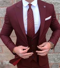 (Пиджак + брюки + жилет) бордовый Для мужчин костюмы Костюмы для жениха смокинги 3 предмета Нарядные Костюмы для свадьбы женихов Для мужчин лучший мужчина Формальные Бизнес костюм для Для мужчин