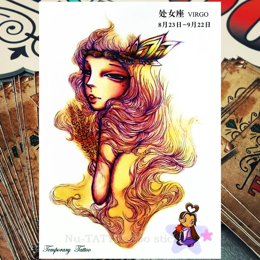 Nu TATY Virgo новый дизайн 12 зодиака временные наклейки на тело флеш тату 21*15 см